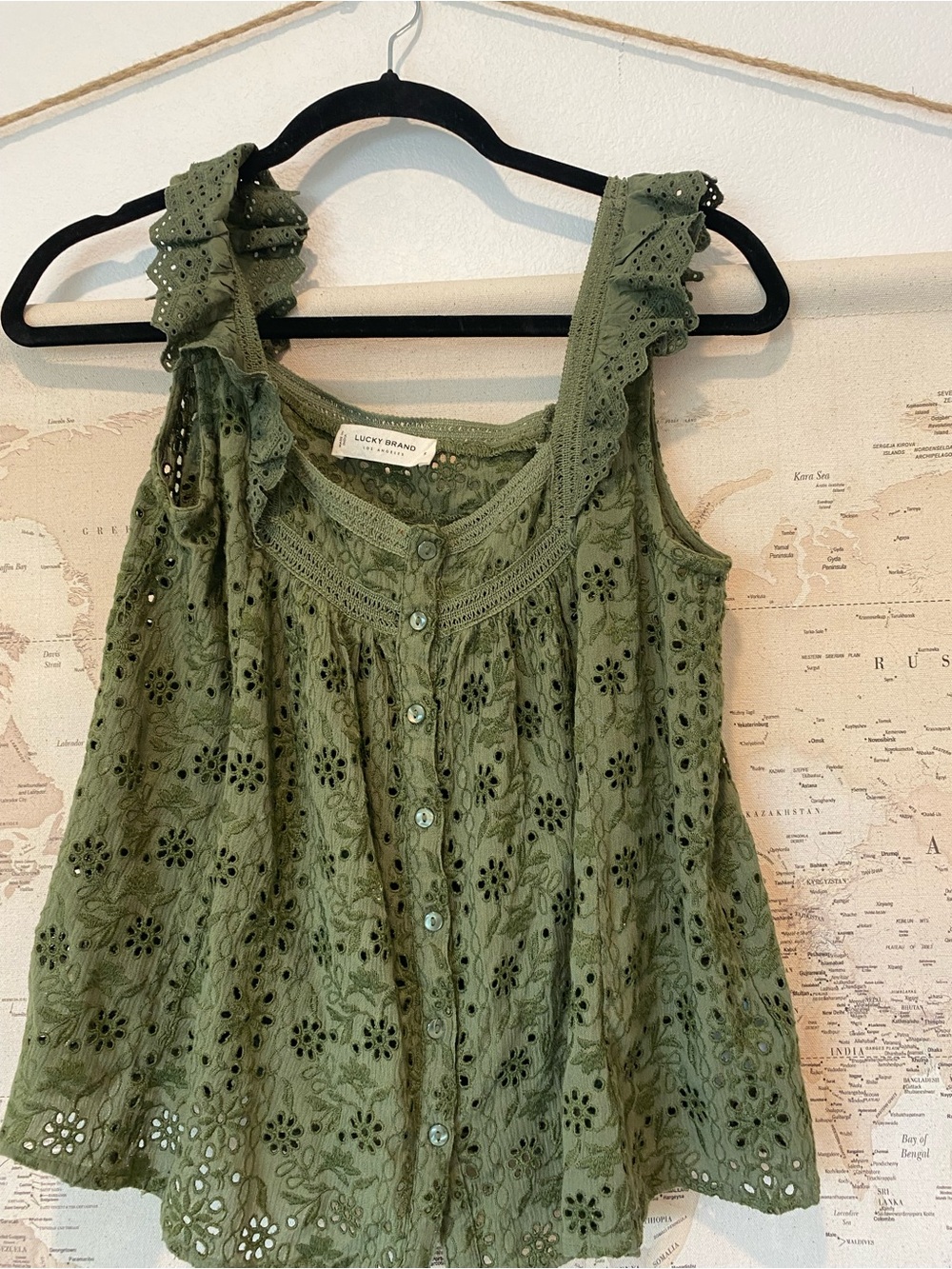 Lucky Brand Olive Eyelet Ruffle Camisole